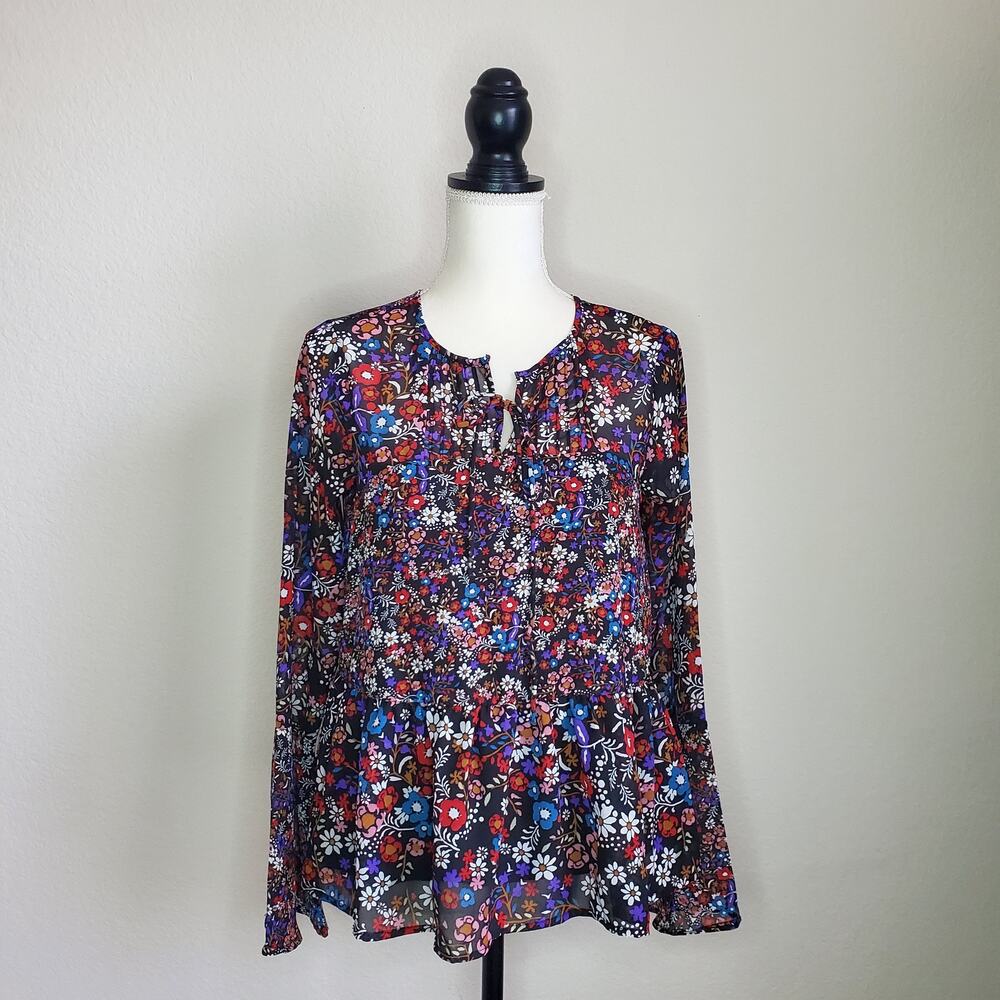 Japna Black Floral Bell Sleeve Blouse Small
